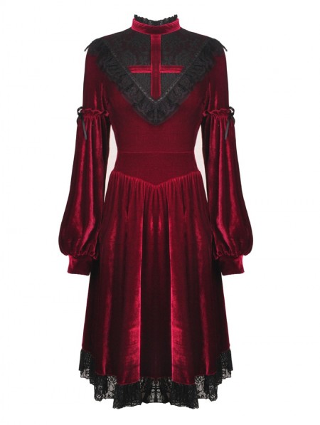 Dark in Love Dark Red Gothic Velvet Cross Long Lantern Sleeve Midi ...