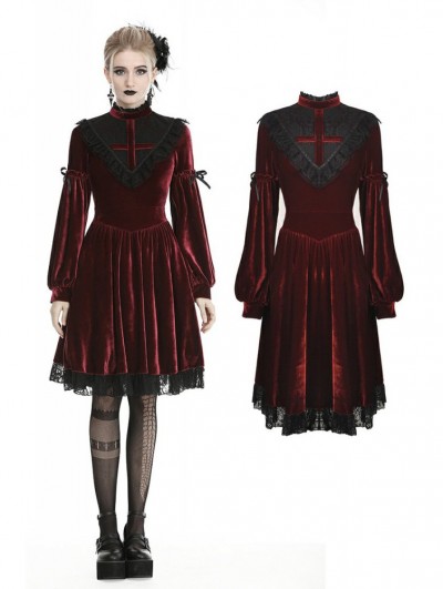 Dark in Love Dark Red Gothic Velvet Cross Long Lantern Sleeve Midi Dress