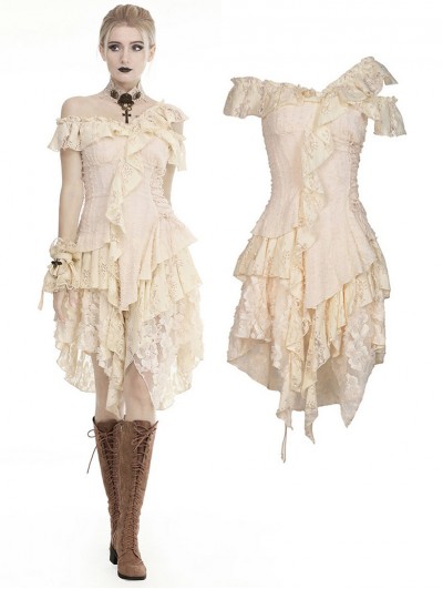 Dark in Love Ivory Steampunk Gothic Asymmetric Frilly Lace Dress