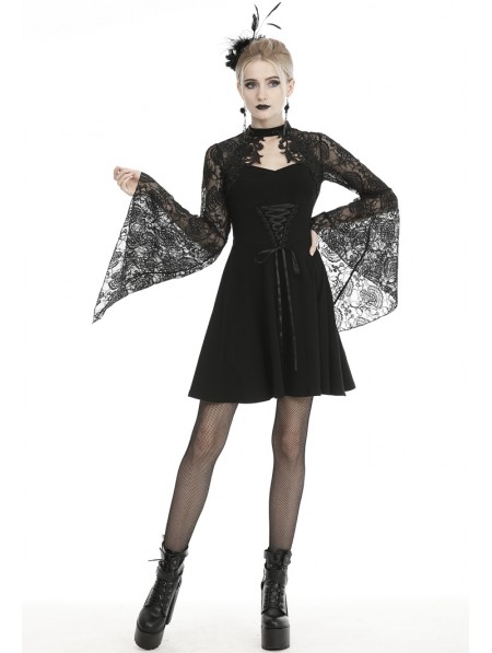 Dark in Love Black Gothic Elegant Lace Long Trumpet Sleeve Short Dress ...