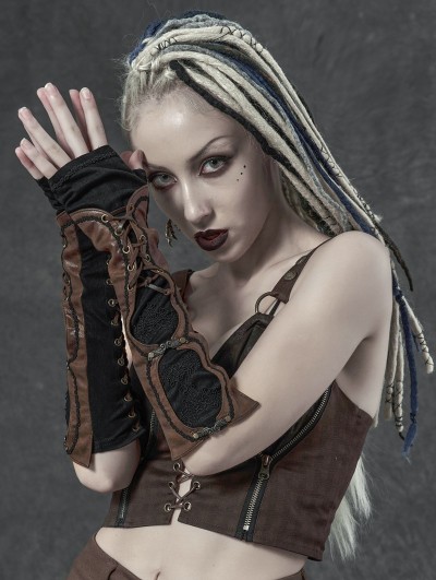 Punk Rave Black and Brown Vintage Steampunk Lace-up Fingerless Gloves for Women