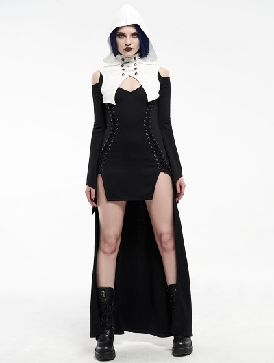 Punk Rave Black and White Gothic Saint-Girl Long Sleeve Hooded High-low Dress