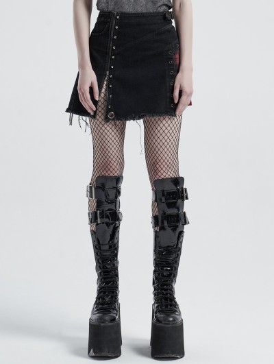 Punk Rave Black and Red Plaid Gothic Grunge Irregular Mini Skirt