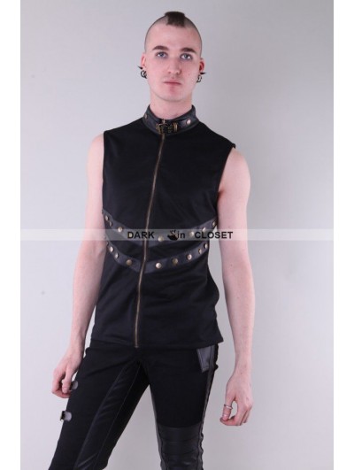 Pentagramme Black Sleeveless High Collar Gothic Top for Men