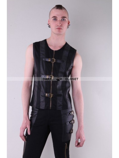 Pentagramme Black Sleeveless Leather Buckle Belt Gothic Top for Men