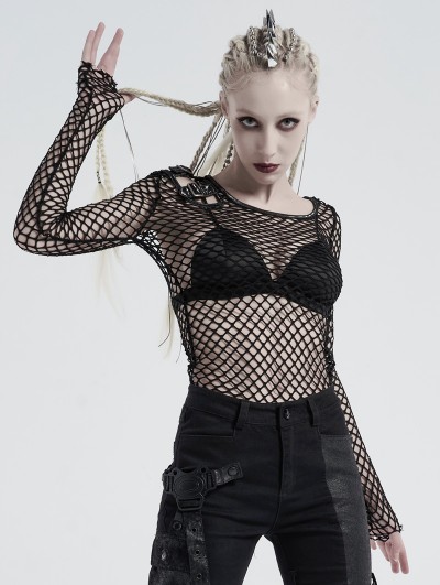 Punk Rave Black Gothic Daily Wear Perspective Mesh T-Shirt for Women