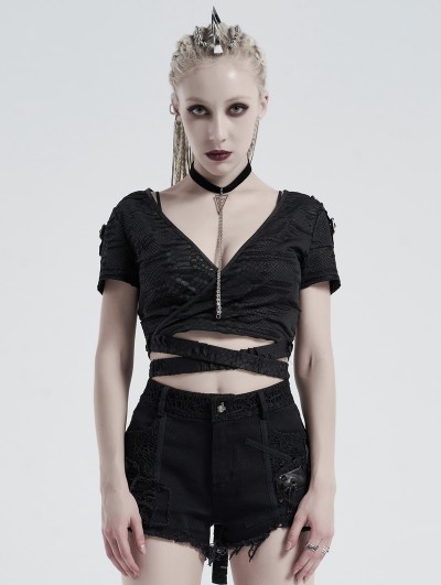 Punk Rave Black Gothic Bandage Cross Short Sleeve Casual T-Shirt for Women