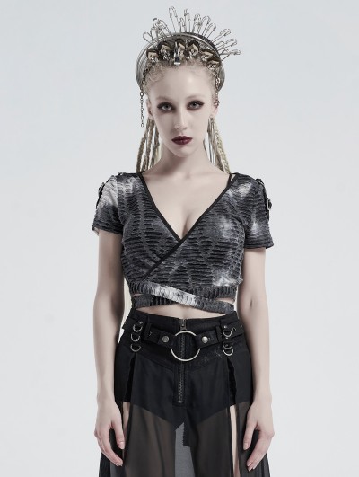 Punk Rave Gothic Bandage Cross Short Sleeve Casual T-Shirt for Women