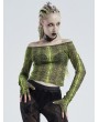 Punk Rave Green Gothic Grunge Off-the-Shoulder Transparant Long Sleeve T-Shirt for Women