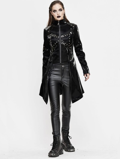 Devil Fashion Black Gothic Punk Rivet Splicing Long Sleeve PU Jacket for Women