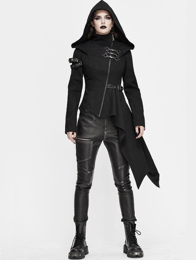 Devil Fashion Black Gothic Punk Long Sleeve Hooded Asymmetric Coat for Women