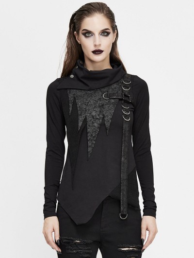 Devil Fashion Black Gothic Punk High Neck Long Sleeve Irregular T-Shirt for Women