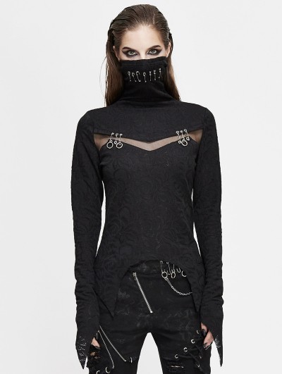 Devil Fashion Black Gothic Punk Jacquard Mask Hollowed-out Long Sleeve T-Shirt for Women