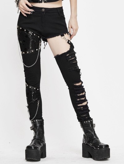 Devil Fashion Black Gothic Punk Rock Asymmetric Long Slim Pants for Women