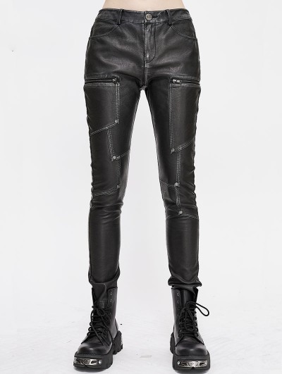 Devil Fashion Black Gothic Punk PU Leather Long Slim Pants for Women