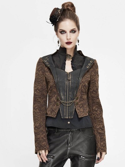 Devil Fashion Brown Vintage Steampunk Jacquard Short Jacket for Women