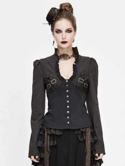Devil Fashion Brown Vintage Steampunk Striped Long Sleeve Shirt for Women
