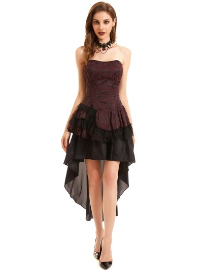 Pentagramme Black and Red Vintage Jacquard Gothic High-Low Party Dress