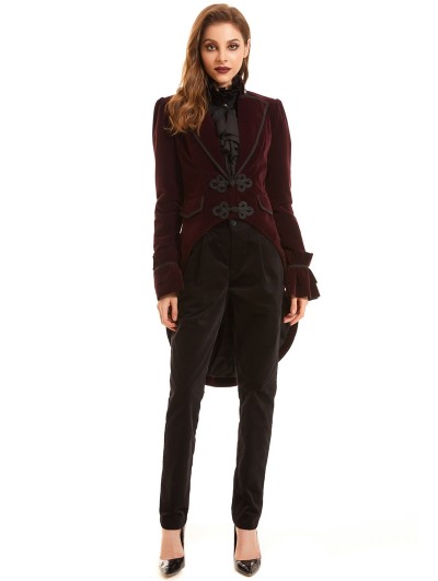 Pentagramme Red Vintage Gothic Velvet Swallow Tail Coat for Women