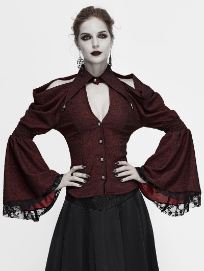 Devil Fashion Dark Red Vintage Gothic Sexy Off-the-Shoulder Long Sleeve Blouse for Women
