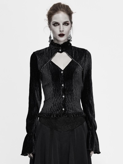 Devil Fashion Black Vintage Elegant Gothic Velvet Hollowed-out Long Sleeve Shirt for Women