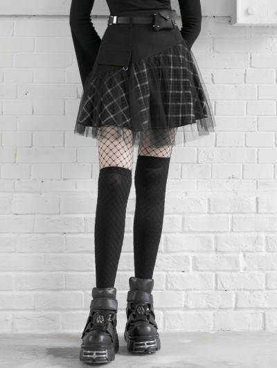 Punk Rave Black and White Street Fashion Grunge Gothic Plaid Gauze Mini Skirt