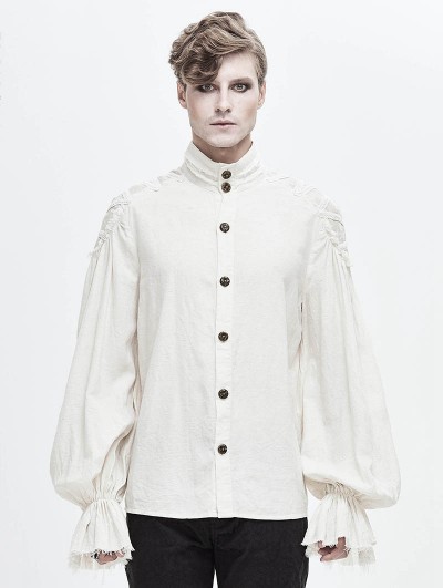 Devil Fashion Ivory Gothic Vintage Jacquard Long Lantern Sleeve Shirt for Men