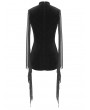 Devil Fashion Black Sexy Gothic Transparent Long Sleeve Mini Dress