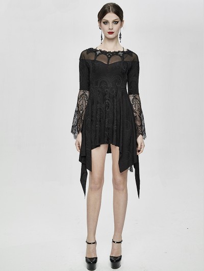 Eva Lady Black Vintage Gothic Jacquard Short Irregular Dress