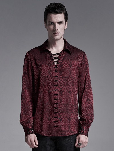 Punk Rave Dark Red Gothic Jacquard Long Sleeve Casual Shirt for Men