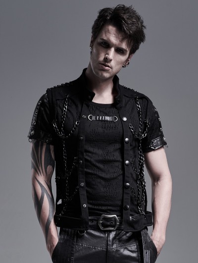 Punk Rave Black Gothic Punk Metal Hollow-out Chain Vest Top for Men