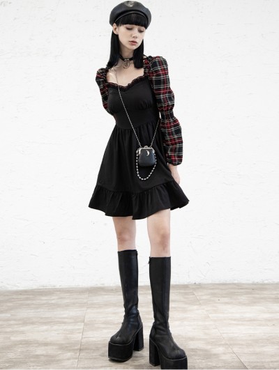 Punk Rave Black and Red Plaid Street Fashion Gothic Grunge Long Sleeve Short Dress