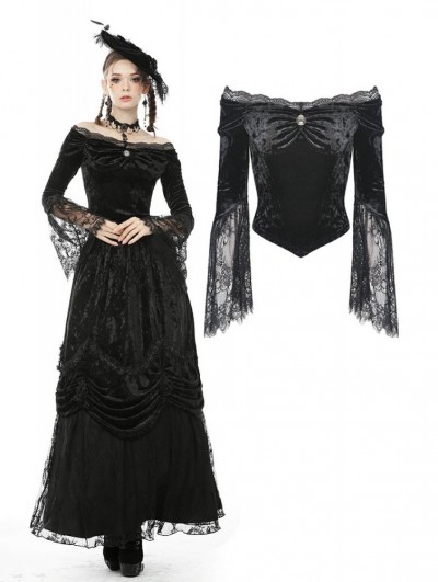 Dark in Love Black Vintage Gothic Victorian Off-the-Shoulder Velvet Lace Shirt for Women