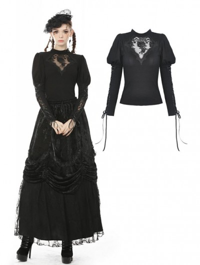 Dark in Love Black Vintage Gothic Lace Long Sleeve Daily Wear T-Shirt for Women