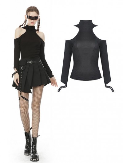 Dark in Love Black Gothic Punk Off-the-Shoulder Long Sleeve Daily Wear T-Shirt for Women