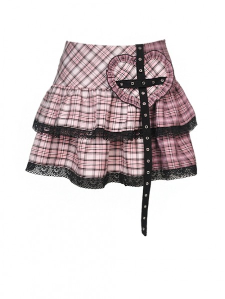 Dark in Love Pink Plaid Sweet Gothic Rock Heart Mini Skirt ...