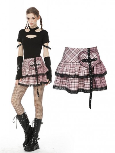 Dark in Love Pink Plaid Sweet Gothic Rock Heart Mini Skirt