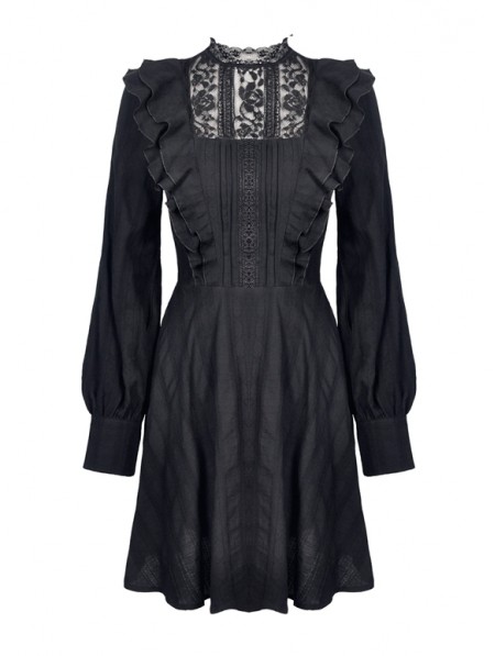 Dark in Love Black Gothic Lace Long Sleeve Short Daily Wear Dress ...