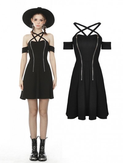 Dark in Love Black Sexy Gothic Punk Off-the-Shoulder Pentagram Short Daily Wear Dress