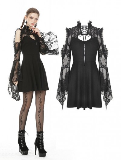 Dark in Love Black Gothic Off-the-Shoulder Lace Long Sleeve Short Party Dress