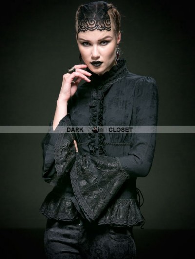 Punk Rave Black Cotton Gothic Jacquard Blouse for Women