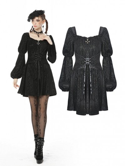 Dark in Love Black Vintage Gothic Long Puff Sleeve Short Casual Dress