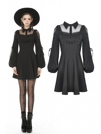 Dark in Love Black Sweet Gothic Doll Collar Long Lantern Sleeve Short Daily Wear Dress