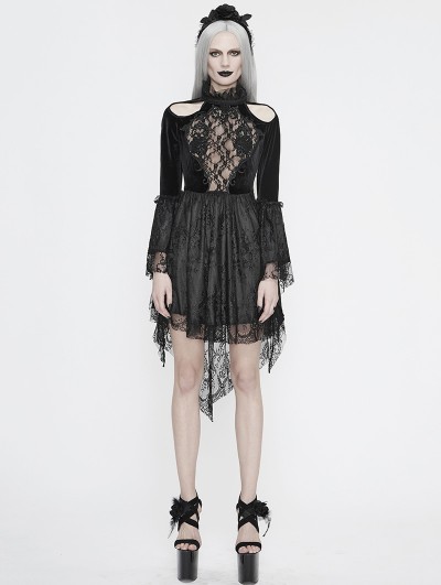 Eva Lady Black Sexy Gothic Hollwed-out Velvet Lace High-low Dress