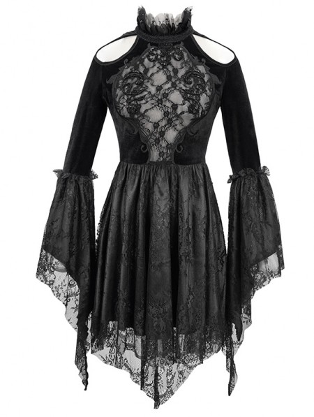 Eva Lady Black Sexy Gothic Hollwed-out Velvet Lace High-low Dress ...