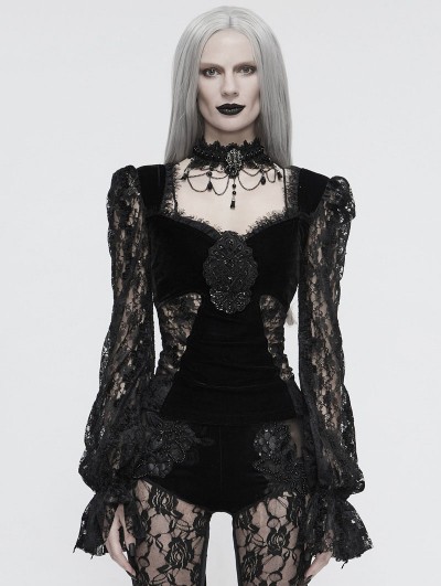 Eva Lady Black Vintage Gothic Sexy Velvet Lace Long Sleeve Top for Women