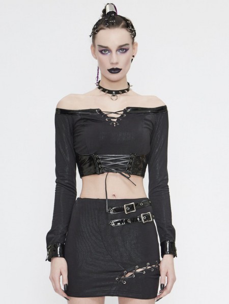 Devil Fashion Black Gothic Punk Off-the-Shoulder Long Sleeve Short T ...