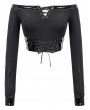 Devil Fashion Black Gothic Punk Off-the-Shoulder Long Sleeve Short T-Shirt for Women