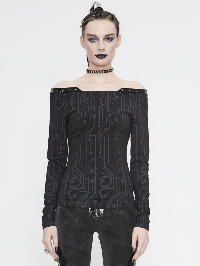 Devil Fashion Black Gothic Punk Off-the-Shoulder Long Sleeve T-Shirt for Women