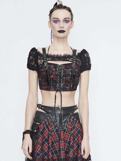 Devil Fashion Black and Red Plaid Fashion Gothic Grunge Short Top for Women